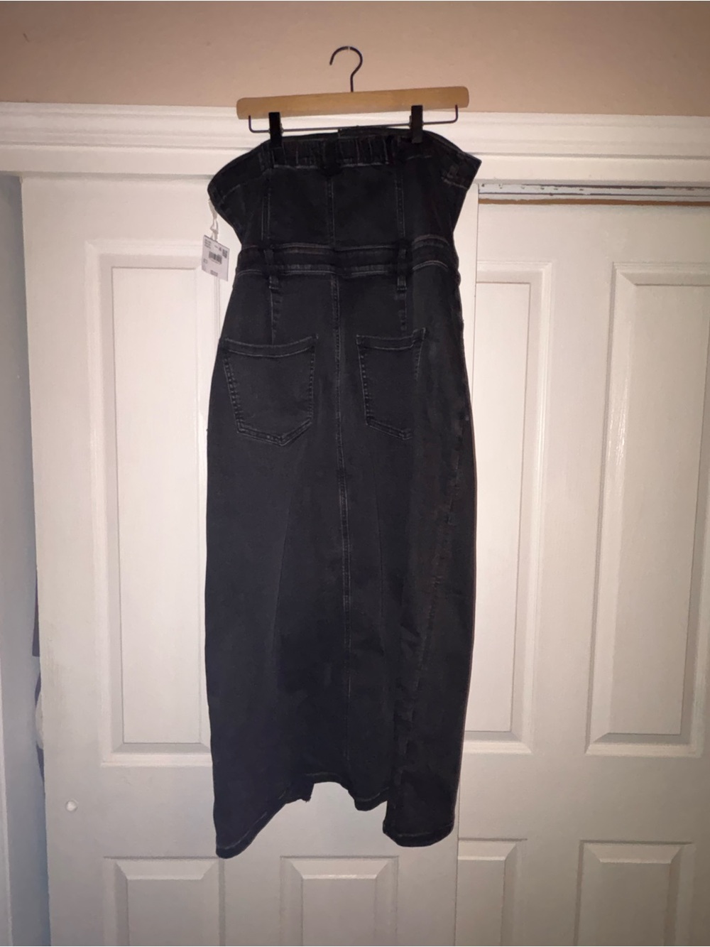 American Eagle Strapless Black Denim Midi Dress with Front Slit - Picture 5 of 8
